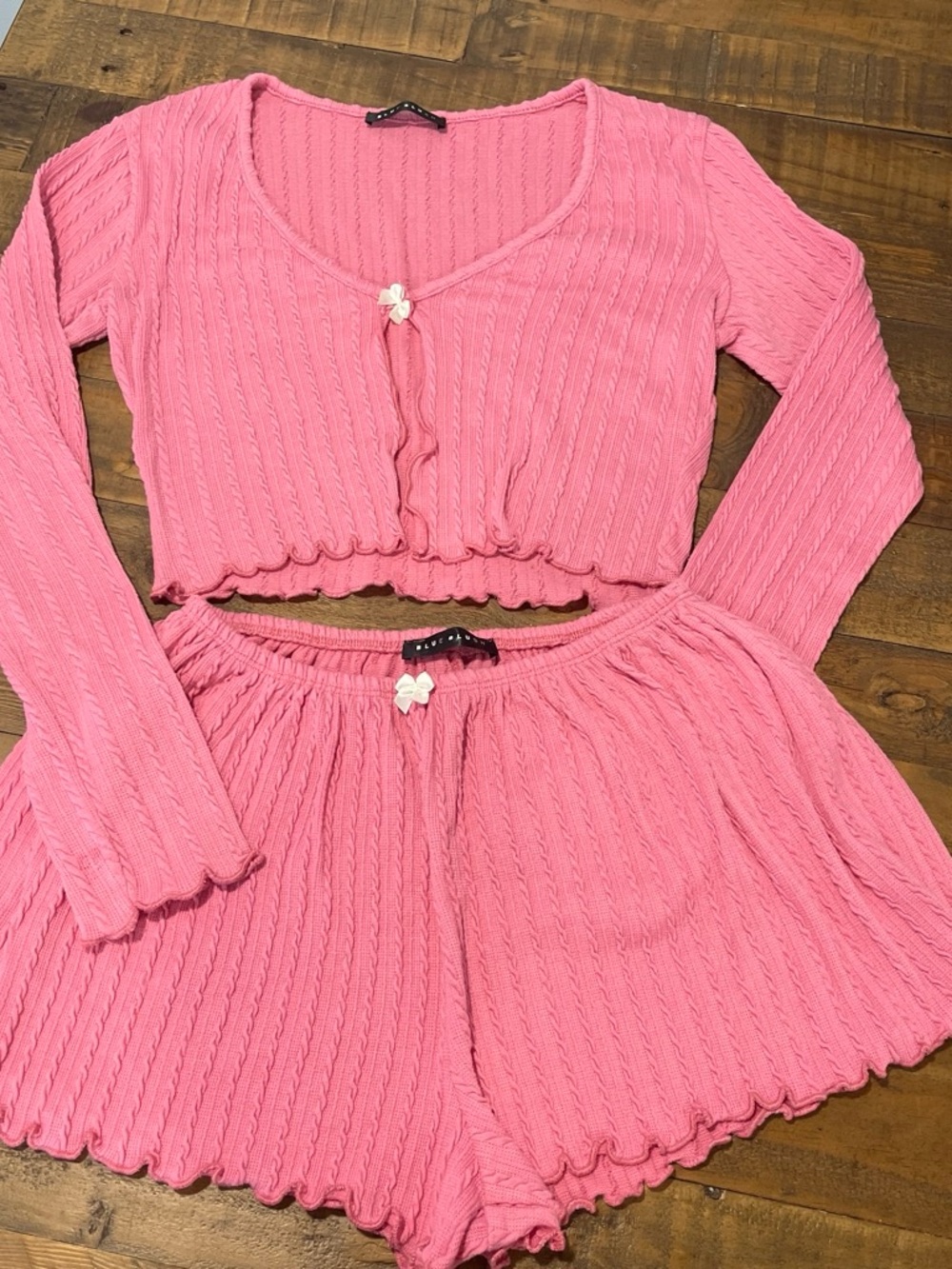 Blue Blush Pink Ribbed Two-Piece Hoodie & Shorts Set